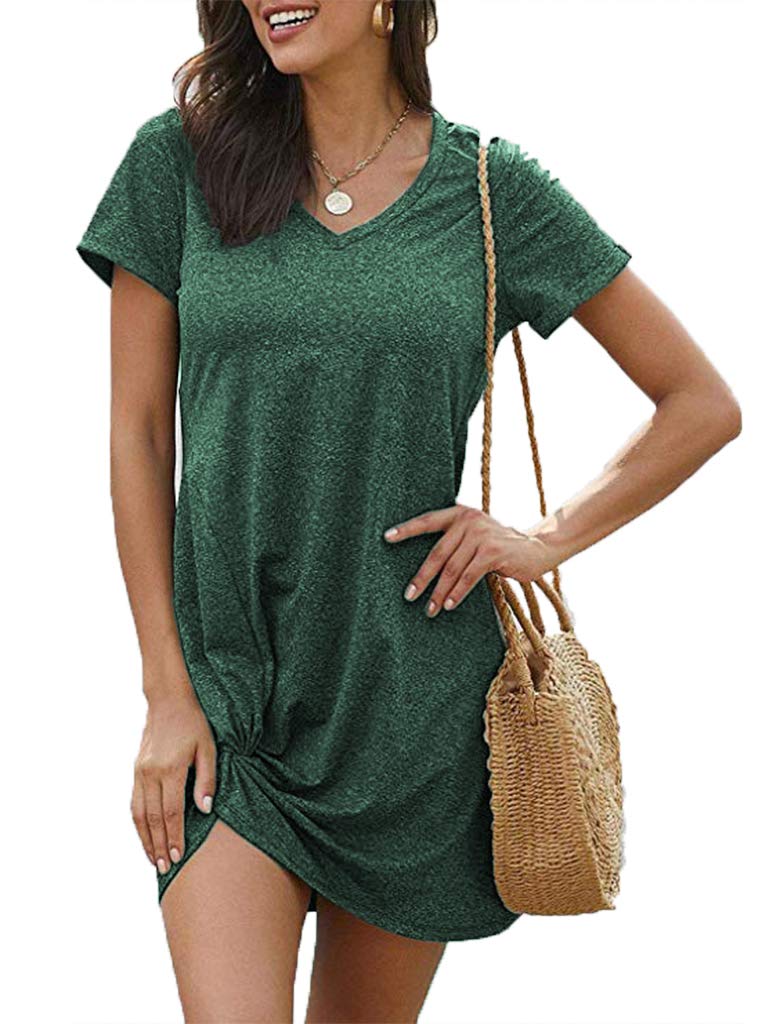 Locryz Women Loose Twist Knot T Shirts Dress Home Short Shirt Mini Dresses Tops M Green - Image 4